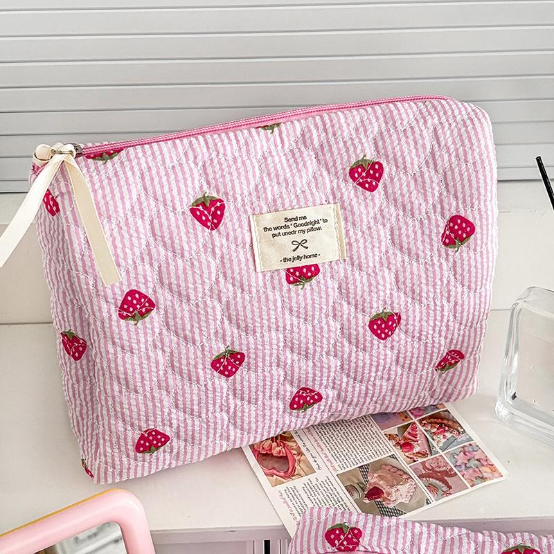 Damen Kosmetiktasche gesteppt Niedlich Reißverschluss Rosa Erdbeere Reise-Organizer Kulturtasche Make-up Aufbewahrungstasche Handtasche Damen Reißverschlusstasche