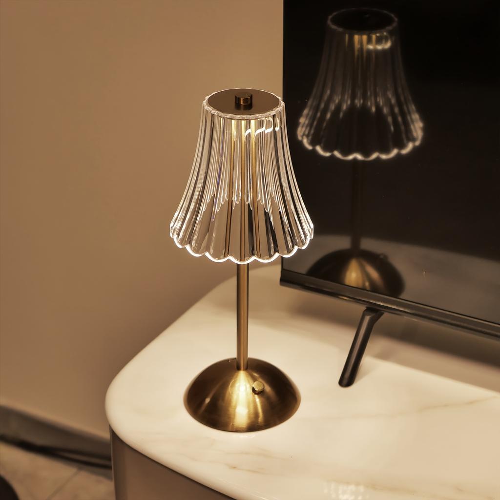 Lampă de masă modernă cu LED-uri din cristal cu control tactil - iluminare tri-ton, bază din fier forjat, baterie reîncărcabilă