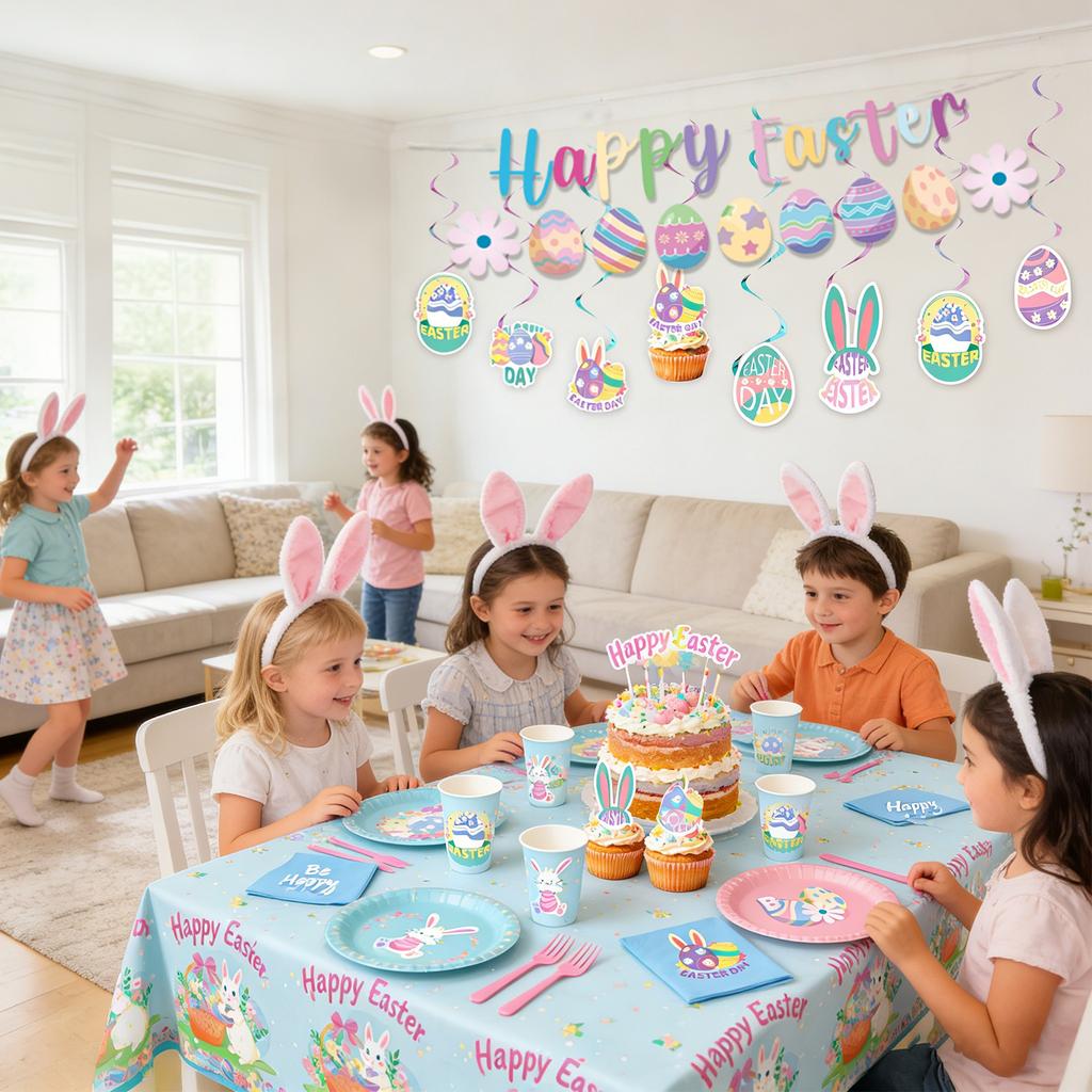 52 Szt. Dekoracje na Imprezę Wielkanocną, Dekoracja HAPPY EASTER Zestaw Dekoracji na Imprezę Wielkanocną Baner Jajko Królik Toppery na Tort Akcesoria na Imprezę Wielkanocną