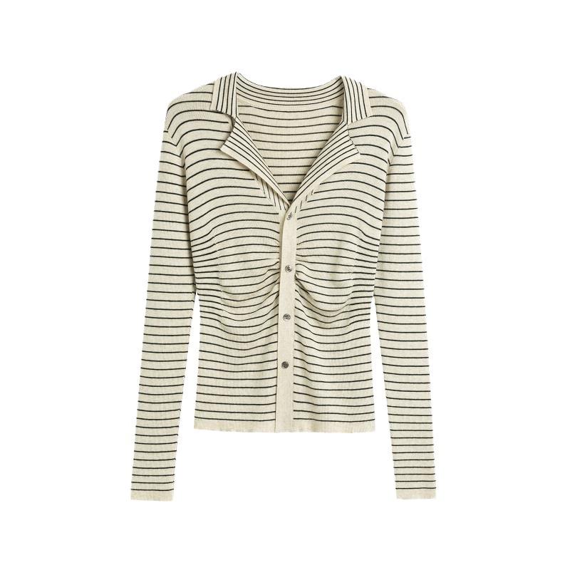 Spring and Autumn New Polo Collar Striped Knitted Cardigan Coat Women's Bottom Shirt Design Sense of Niche Long-sleeved Top