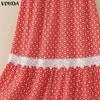 VONDA Women Elastic Waist Front Lace Hem Floral Print Casual A-Line Pleated Swing Skirts