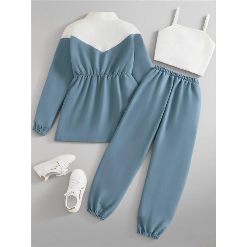 Girls' Fashionable Blue Multi-color Coat Set Autumn Children's Casual Halter Pants Set Of Three Pieces