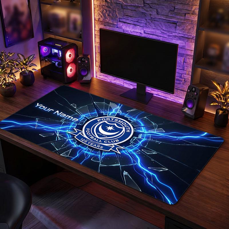 Portsmouth FC Custom Large Mouse Pad, Personalized Name Text Print, Football Logo Non‑Slip Desk Mat Gaming Gift