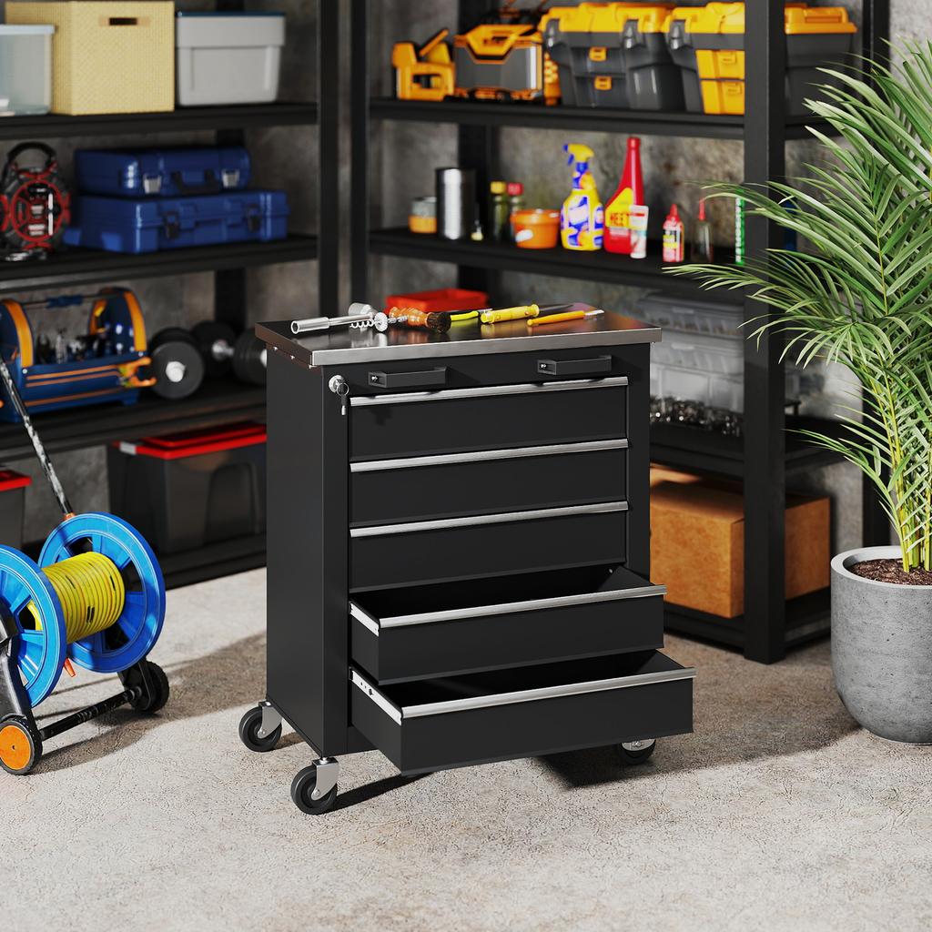 Tool Cabinet with 5 Drawers, Rolling Tool Chest, Tool Cart Made of Steel, Silver Tone+Black