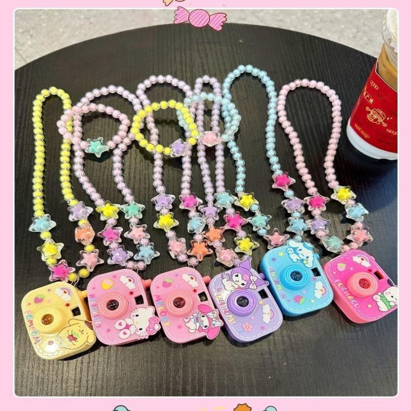2Pcs Cute Glowing Toy Cartoon Sanrio Kuromi Children Projection Camera Beaded Necklace Bracelet Jewelry Girl Birthday Gift