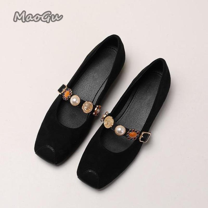 Fashion French Retro Suede Single Shoes for Women Office Ladies Low Heel Pumps Pearl Strap Mary Jane Shoes Size 35-43 Zapatos De Mujer