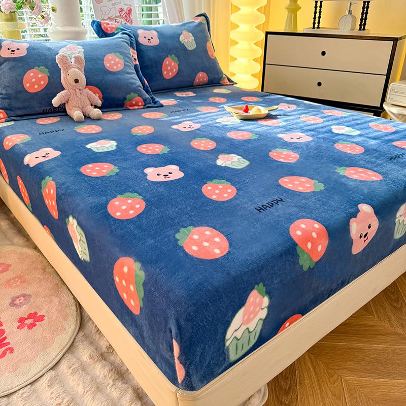 Soft Bedsheet Warmth Fitted Sheet Cartoon Style Bed Linen Velvet Bed Cover Sheets with Elastic Band Drap De Lit (No Pillowcase)