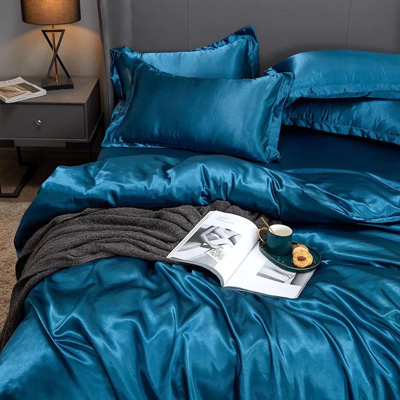 Satin Flat Bed Sheet Smooth Luxury Satin Silk Bedding Set with Duvet Cover Bed Sheet 1 Duvet Cover+1 Bed Sheet+2 Pillowcases