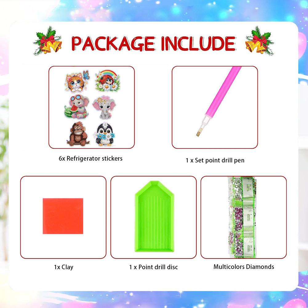 6Pcs Animal DIY Diamond Painting Fridge Magnets 6Pcs Animal Print DIY Crystal Sparkling Diamond Magnets Set for Art Crafts Gift