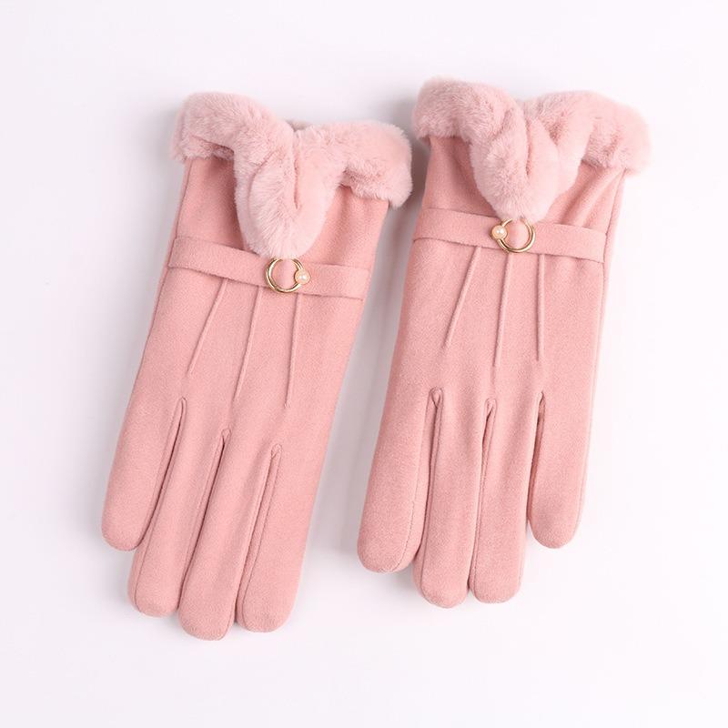 Autumn and winter suede gloves women's warm touch screen gloves imitation Rex rabbit hair mouth piled thickened cold-proof gloves