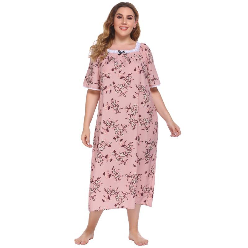 Camisola feminina de verão, tamanho grande, pijama, renda, manga curta, estampada