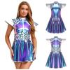 Halloween Alien Costume Dress for Women S-3XL: Eye-Catching Metallic Sequin Gradient, Fly Sleeve A-Line Mini for Cosplay