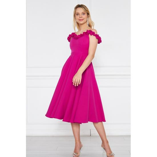 Women's Adjustable Strap Ruffle Detailed Collar Pleated Flared Midi Evening Dress