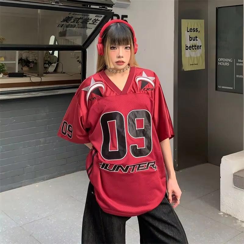 American Street Dance T-shirt Women Summer Oversized V-neck T Shirt Harajuku Trend Short Sleeve Unisex Streetwear Couple Top