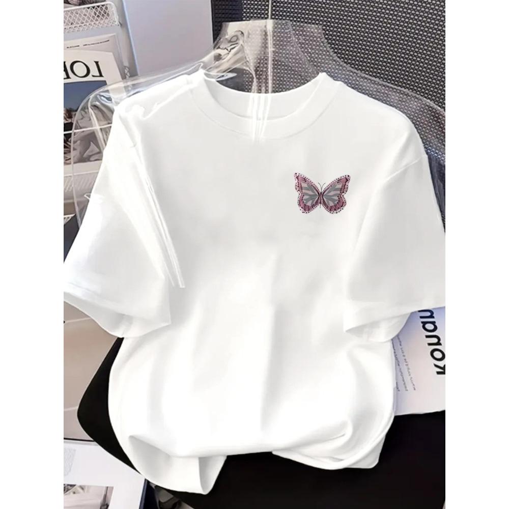 Womens FrontandBack Printed ShortSleeve TShirt Butterfly PinkPurple Butterfly SpringSummer Trendy TShirt Cotton Shirt