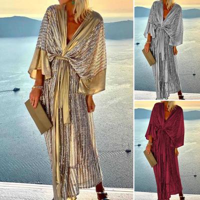 Tiefes V-Ausschnitt Fledermausärmel Schnürung Fließender Saum Herbstkleid Damen Pailletten Elegant Feiertag Cardigan Langes Kleid Damenbekleidung