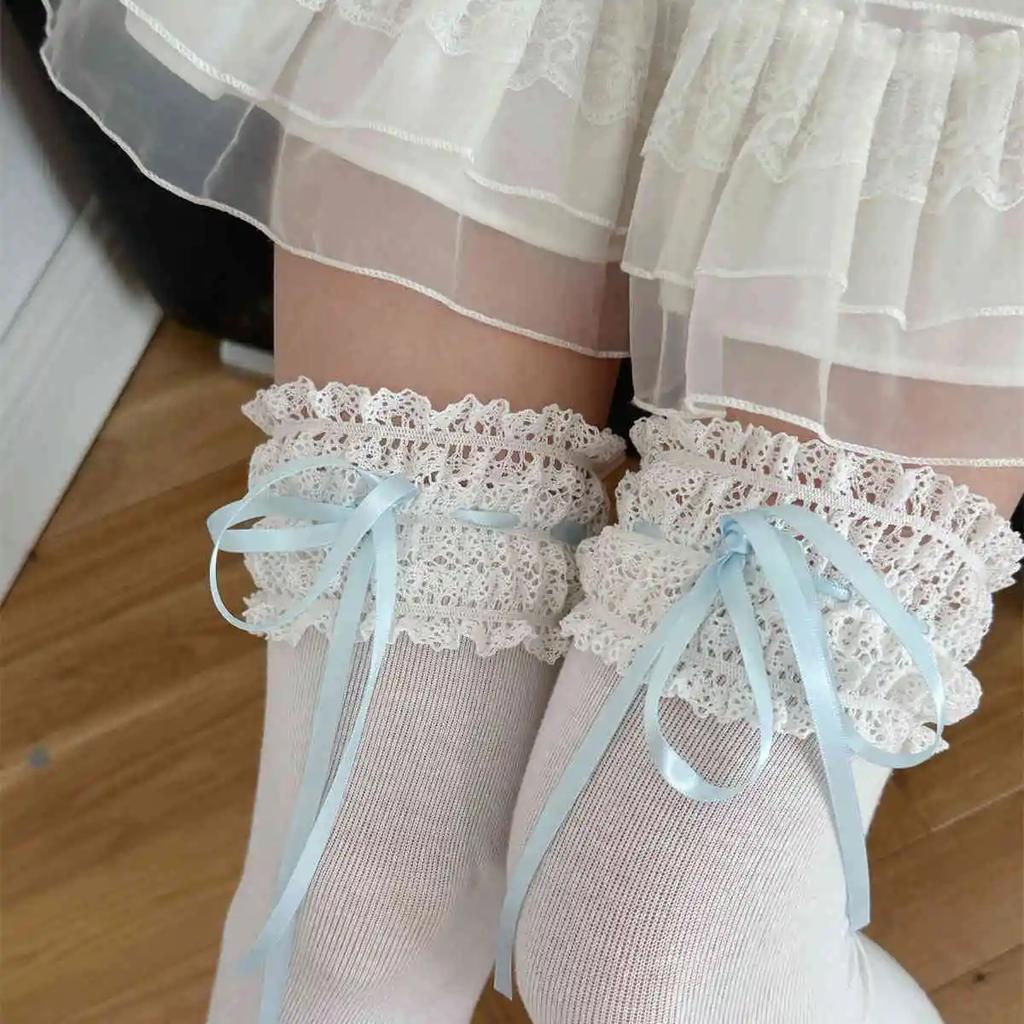 Stockings Women Japanese Style Solid Color Long Socks Thigh High Stockings Sweet Girls Lolita Lace Ruffle Socks Thigh High Socks