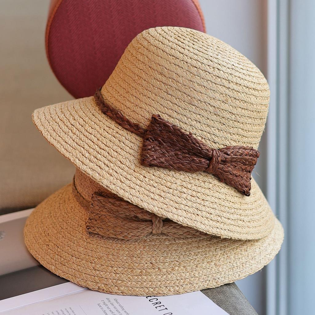 Lafite Grass Model~ Sweet Contrasting Color Bow Versatile Straw Hat Summer Travel Sun Protection Fisherman Basin Hat