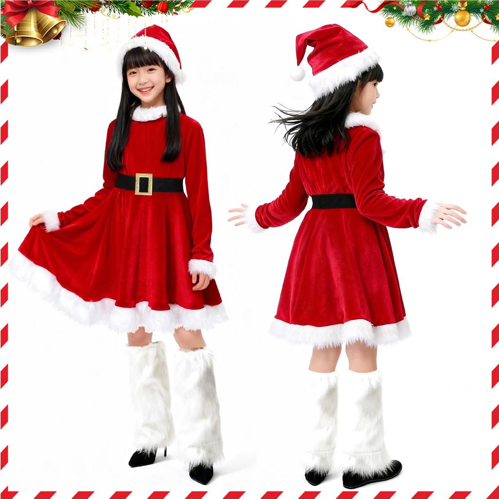 Maazusa Children's Santa Claus Costume, Red Skirt with Santa Hat, Perfect for Girls, Perfect for Christmas, Family Parties, or as a Gift