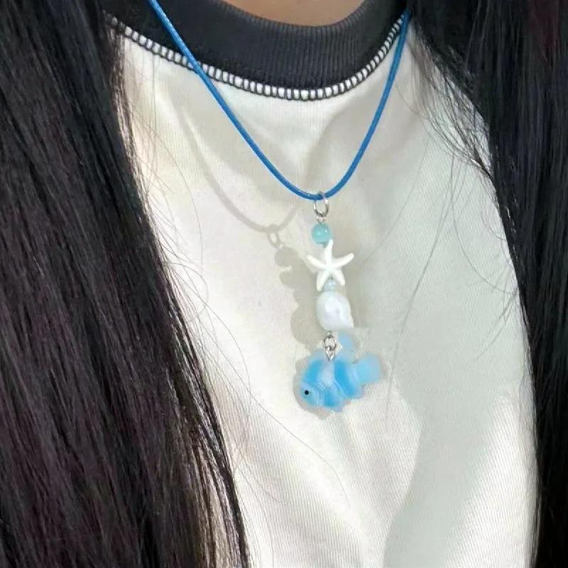 

Lovely Blue Ceramic Fish Necklace for Women Girls Romantic Colorful Cute Starfish Necklace Aesthetic Summer Beach Gift
