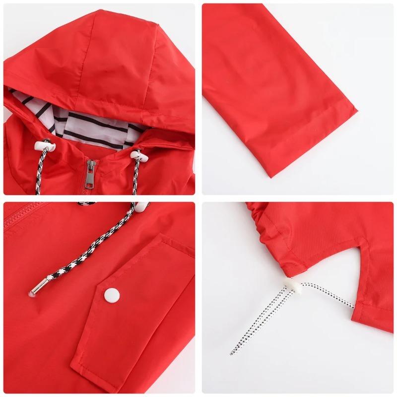 Red Waterproof Hooded Jacket Women Fashion Casual Coat Waist Drawstring Tie Zipper Switch Blue Green Yellow Black Windbreaker