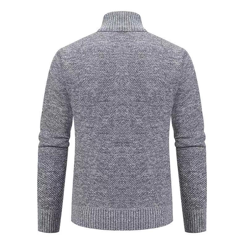 Men's Fleece-Lined Cardigan: Thick Knit Zipper Sweater with Stand-Up Collar for Autumn/Winter 2023