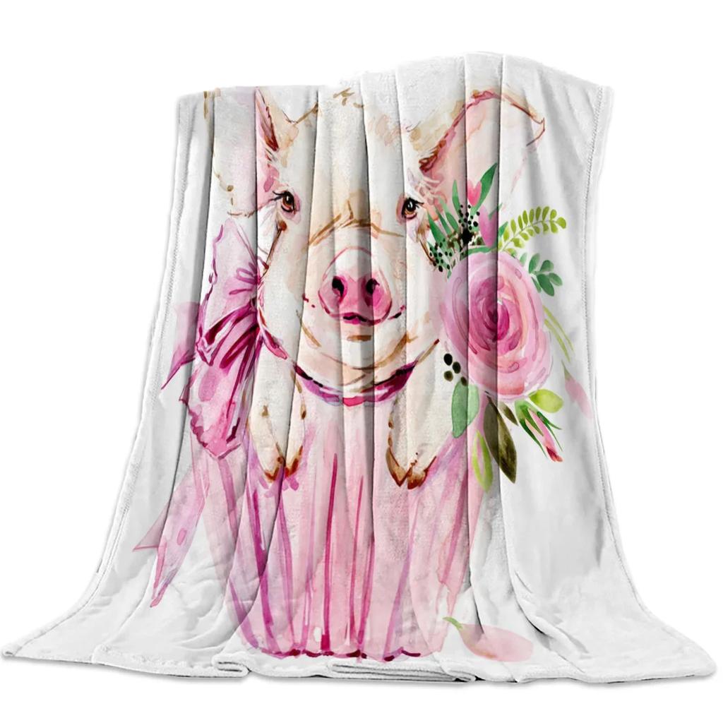 Pink Pig Flower Rose Flannel Blanket for Bed Sofa Portable Soft Fleece Throw Blankets Funny Plush Bedspread Queen King Twin Size