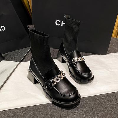 Wind Socks Boots Women's Autumn and Winter New Medium Tube Knitted Single Boots Thick Sole Thick Heel Short Boots Large Size Martin Boots