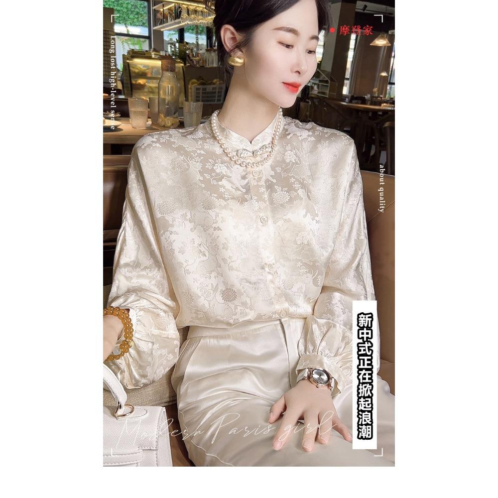 New Chinese Style Women's Short Top with  Spring High-end Feel Jacquard Long Sleeved Stand Up Collar and Elegant Shirt