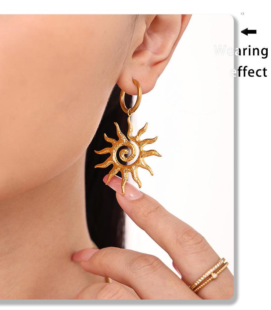18k Gold-Plated Titanium Spiral Sun Pendant Necklace & Earrings Set