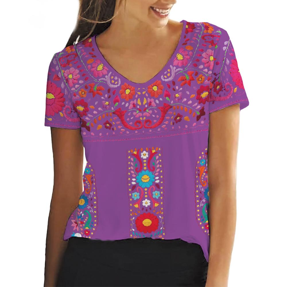 

S-8XL Большой размер Бохо стиль Короткий рукав V-образный вырез Женский топ Цветы Футболка Цветочный Летняя Женская одежда Пуловер 8XL