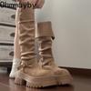 Platform Height Increase Woman Knight High Boots Punk Style Thick Heels Long Booties Autumn Winter Belt Buckle Ladies Shoes