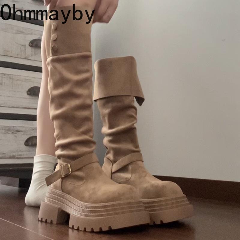 Platform Height Increase Woman Knight High Boots Punk Style Thick Heels Long Booties Autumn Winter Belt Buckle Ladies Shoes
