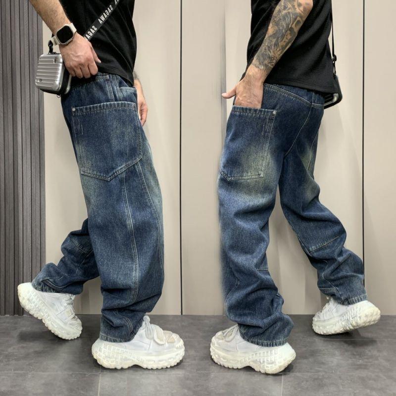 Джинсы мужские JYL Осень Китайский Хай-стрит Скрещенная нашивка Вышивка Свободные Прямые Деним XXXL бездна