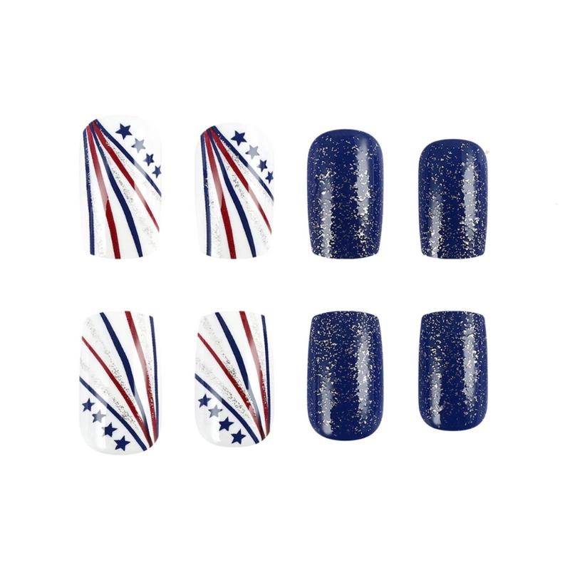 Set di Unghie Finte Glitterate per la Festa dell'Indipendenza 24 pz Mandorla Press on Nail Manicure Decorazioni per Unghie Unghie Artificiali Stick on Nail