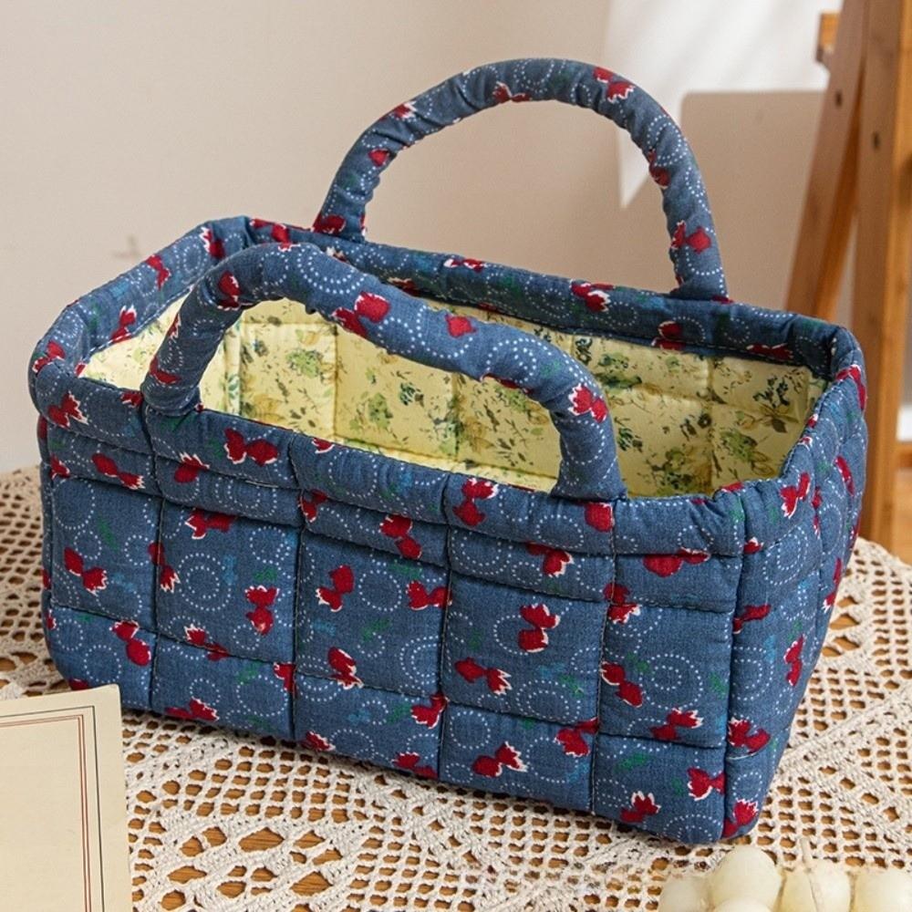 Floral Pattern Bento Handbags Patchwork Design Foldable Shopper Bag Portable Cotton Material Cosmetic Bag Home Textile Storage