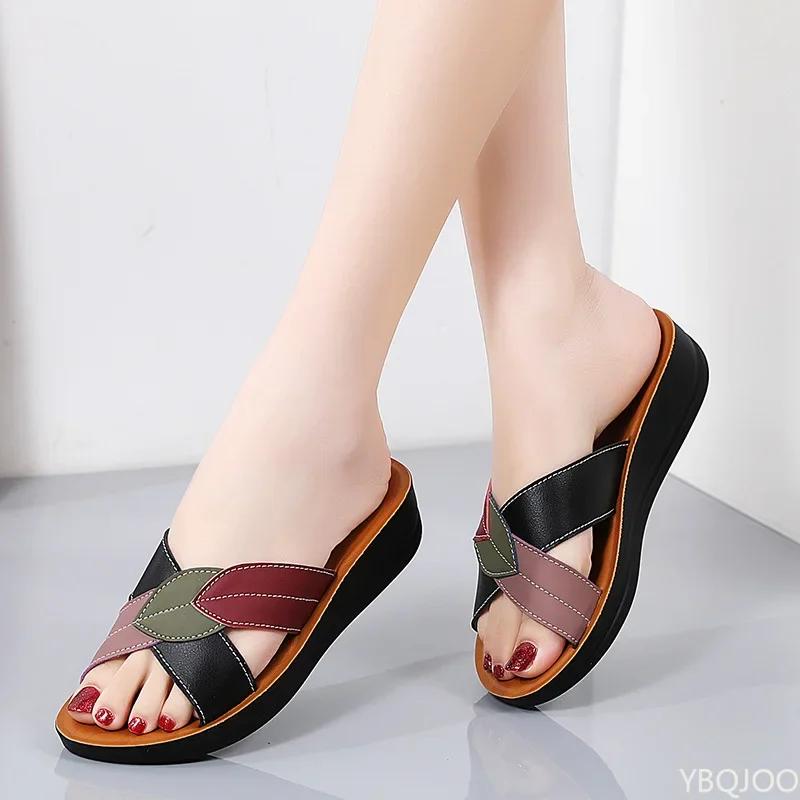 Fashion Slippers Women Leather Shoes Wedges Open Toe Casual Anti Slippery Slides Fashion Outside Beach Leaf Shaped Sandals 43 Sizes