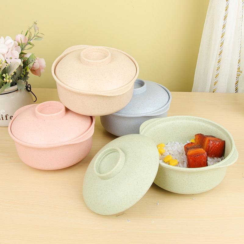 Wheat Straw Plastics Instant Creative Wheat Noodles Bowl Lid Salad Anti-hot Soup Food Bowls Reusable Solid Color Container Set
