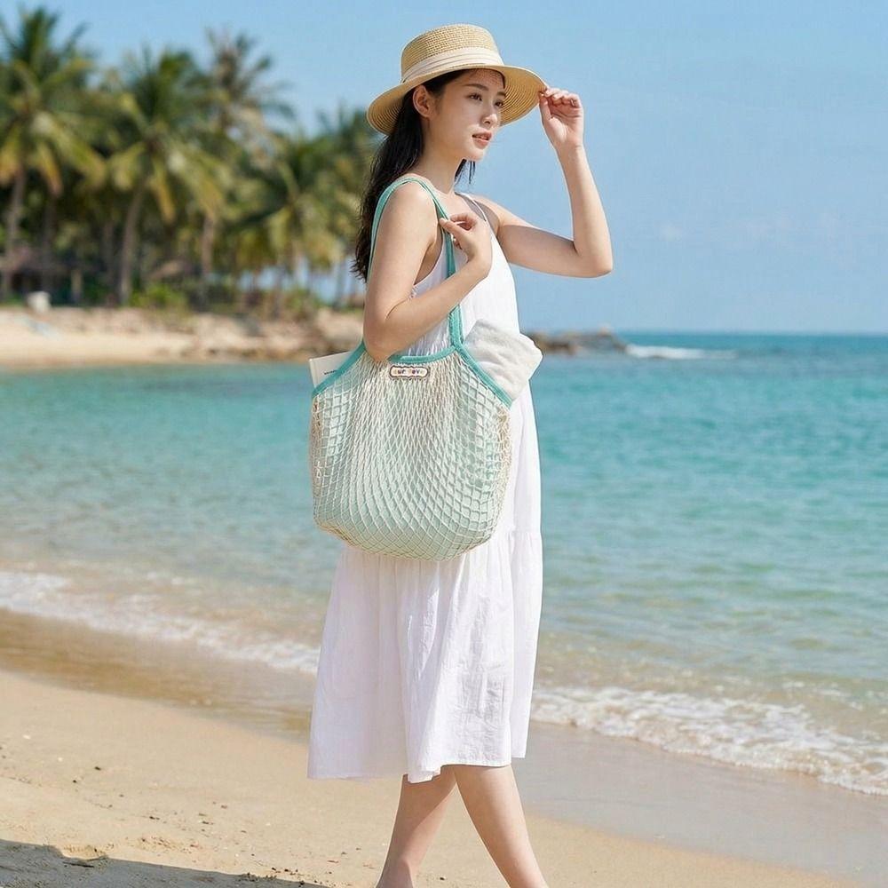 Leisure Summer Woven Shoulder Bag Large Capacity Fashion Nylon Mesh Tote Bag Simple Handbag Beach Handbag Vacation