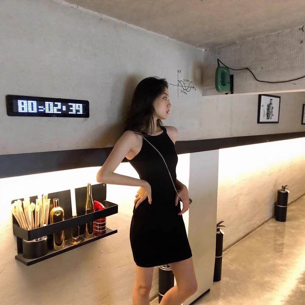 Summer Black Slim-fitting Neck-hanging Knitted Dress Women's Tight Hip-wrapped Skirt Sexy French Temperament Spice Girl Short Skirt