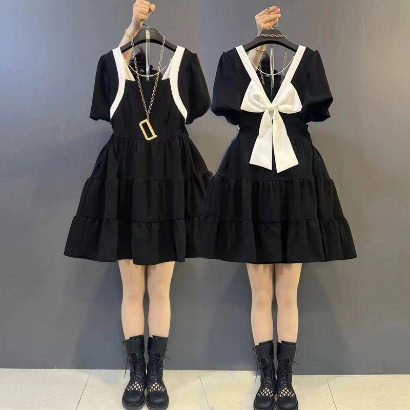 

Plus Size Ladies French Elegance Square Collar Bows Dress Black 2XL