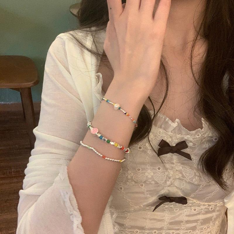 iF ME Colorful Bead Broken Silver Chain Bracelet for Women Artificial Pearls  Smiling Face Bracelets Jewelry Accessories