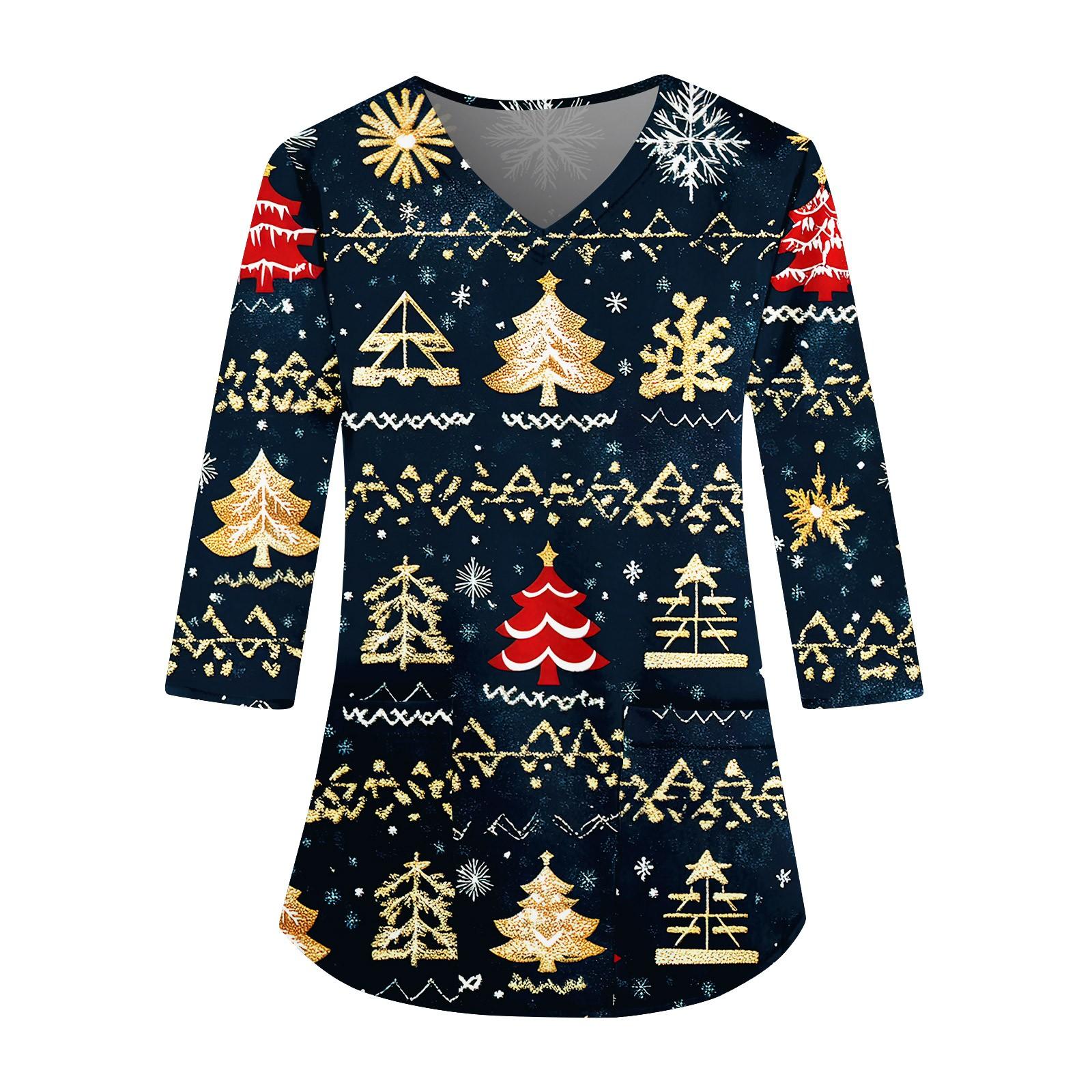 

Женский свободный рабочий топ с V-образным вырезом и карманом, рождественским принтом и рукавом три четверти XXXXXL тёмно-синий