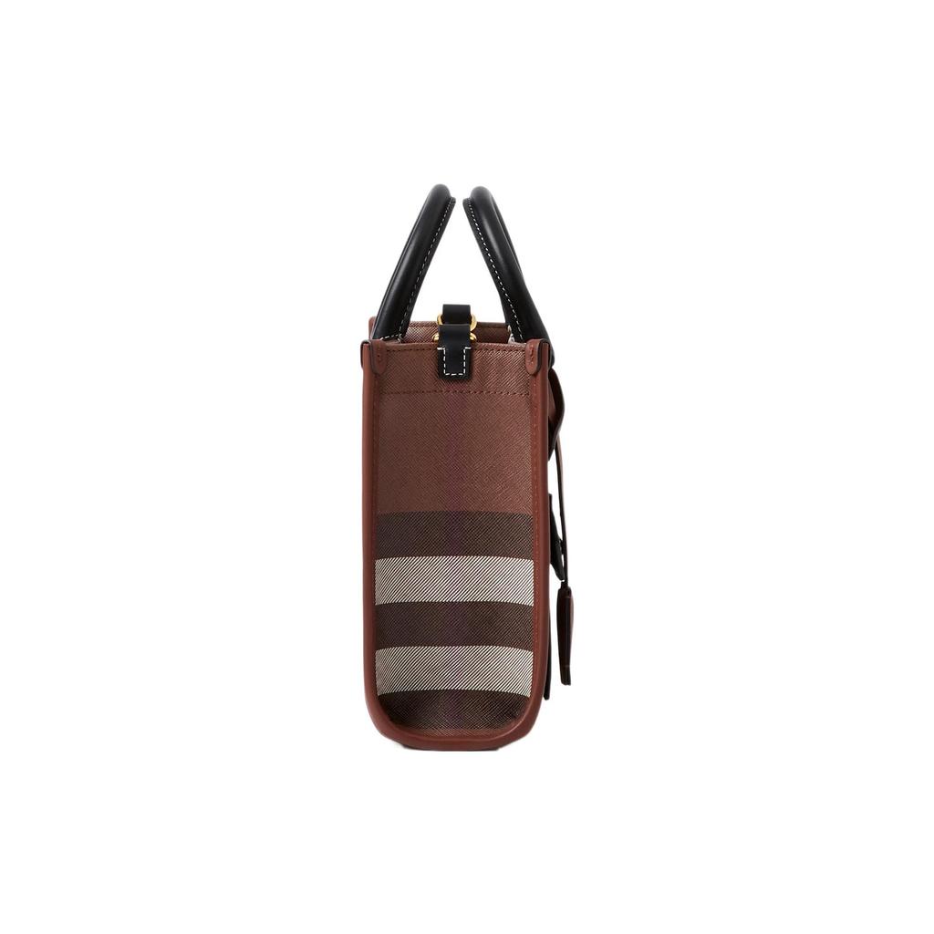 Burberry Freya Adjustable Shoulder Strap Button Closure Check Pattern Leather Tote Bag Women Tote Bags Deep-Walnut-Brown 80696611