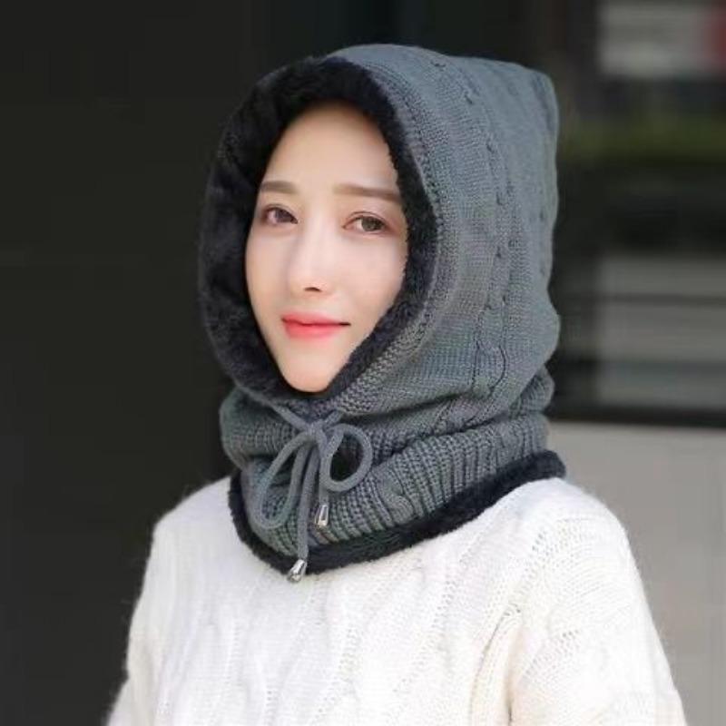 Women's Fleece Lined Thickened Winter Outdoor Cycling Wool Hat Windproof Cold Resistant One Piece Knitted Hat with Neck Protection
