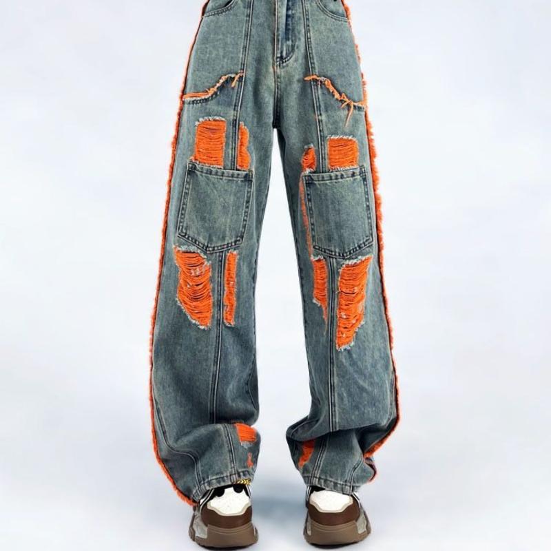 Women's Summer New Arrival Contrast Color Distressed Straight-Leg Loose Casual Jeans - Flattering Slimming Streetwear Versatile Denim Pants
