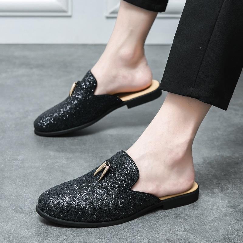 Designer New Men Tassel Sequins Half Slippers Loafers Male Casual Patent Leather Mules Moccasins Breathable Slip On Shoes