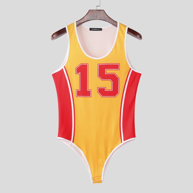 INCERUN Men Sleeveless Stitching Letter Print Briefs Bodysuits Fitted Jumpsuits Underwear