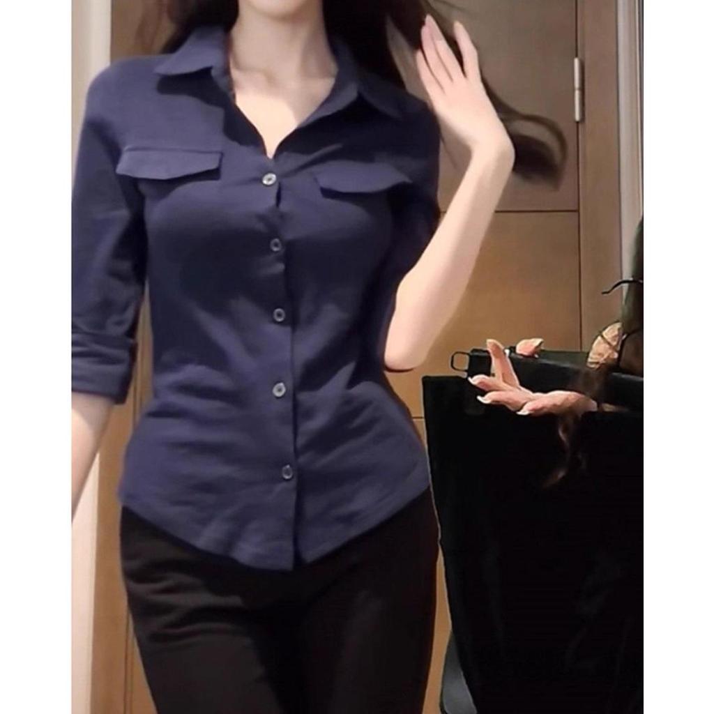 Sexy Hemd im koreanischen Stil mit Revers und langen Ärmeln - 2026 Frühling/Herbst Kurzarm-Top für Damen