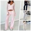 Solid Fleece Laced Long Sleeve Top High Waist Straight Casual Two Piece Set For Women